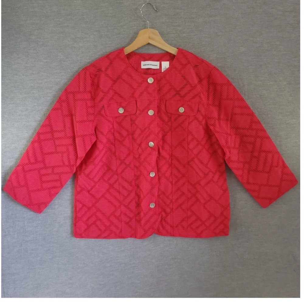 Alfred Dunner Jacket Womens 18 Red Button Up 3/4 Sleeve Pockets Top Cardigan